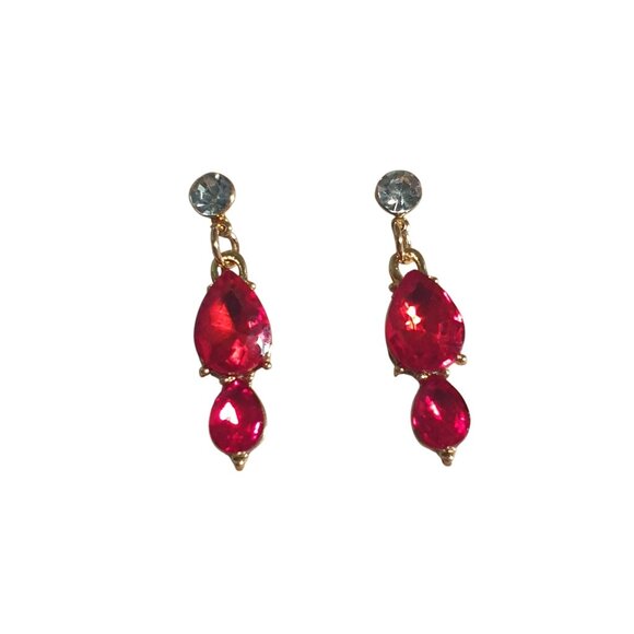 Gold Tone Drop Earrings Red Crystal Teardrop Dangling Design Elegant Jewelry - Picture 5 of 5